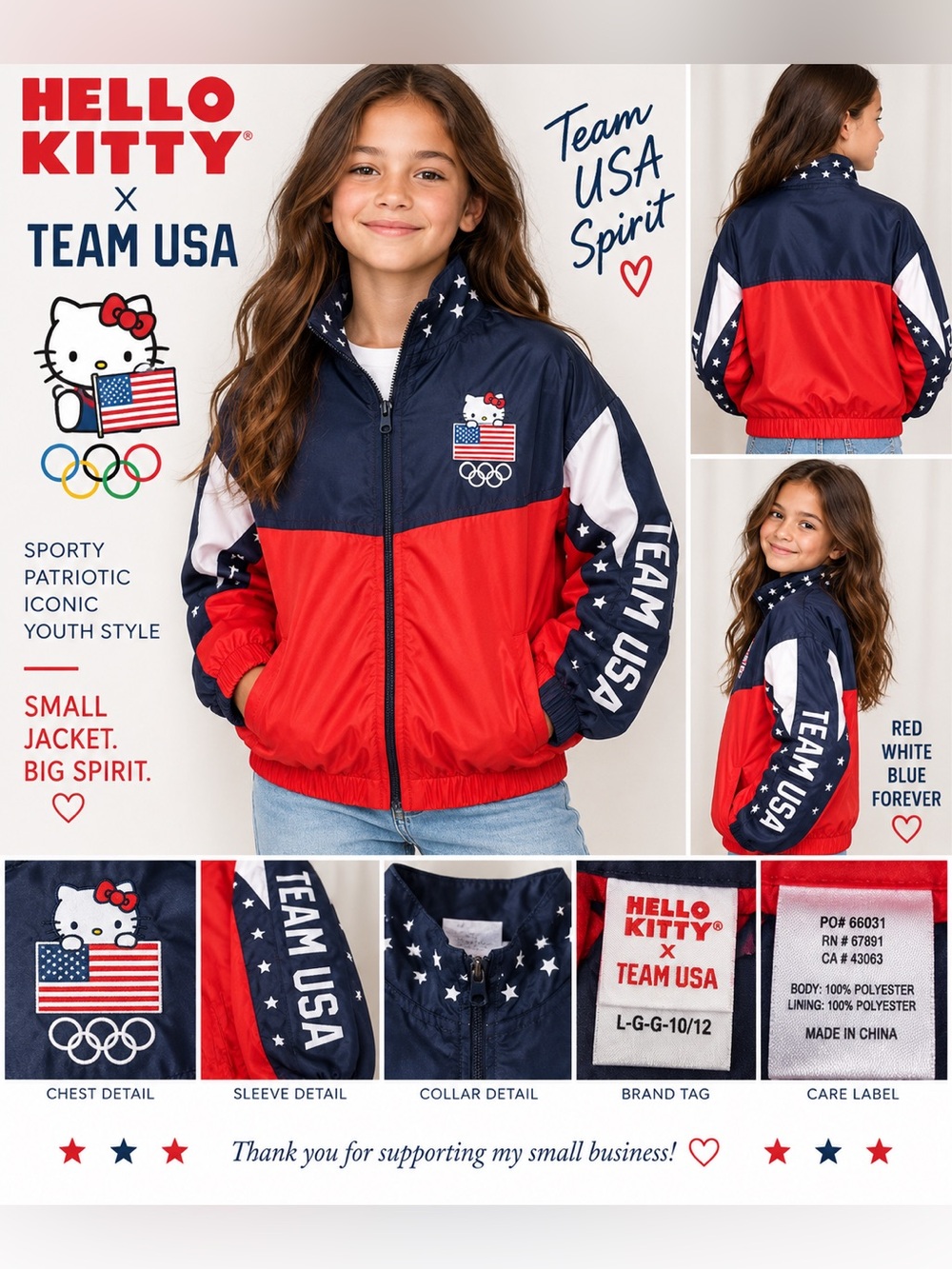Hello Kitty x Team USA Youth L 10/12 Olympic USA Flag Windbreaker Jacket Sanrio